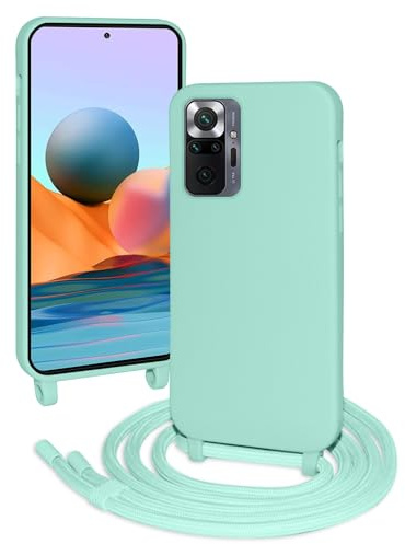 FERLAN Funda Silicona Líquida con Cuerda para Xiaomi Redmi Note 10 Pro 4G,Carcasa Ultrafina Suave Silicona Case con Correa Colgante Ajustable Collar Correa de Cuello Cadena Cordón,Verde Menta