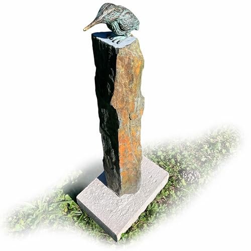 Yerd Gartendeko Figur: Bronzefigur Garten, Vogel auf Schiefer-Stein mit eingrabbarem Beton-Standfuß, original Rottenecker Objekt … (EisvogelKlein1)