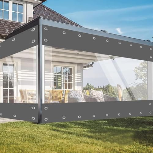 jianyana Plane Transparent Mit öSen, 650G/M² PVC Outdoor Vorhang Wetterfest Abdeckplane Mit 30Cm öSen FüR Balkon Regenschutz Wintergarten(Grau 2.4 * 2.4m)