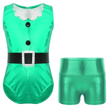 FEESHOW Kinder Mädchen Gymnastikanzug Gymnastik Tanz Trikot Ballett Leotard Turnbody Set Kinder Weihnachskleidung Xmas Outfit Training Show Tanzkostüm Grün_A 122-128