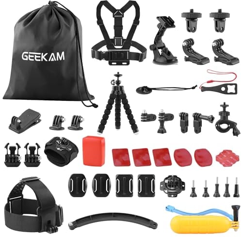 GEEKAM Action Camera Accessories Kit - Compatible for GoPro, AKASO, Campark, Crosstour, APEMAN, COOAU, Apexcam, SJCAM, WOLFANG, Surfola Waterproof Underwater Sports Camera