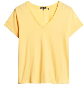 Superdry Damen Strukturiertes T-Shirt mit V-Ausschnitt und Stickerei Blassgelb 40