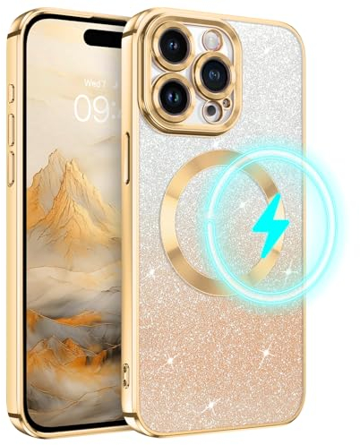 YINLAI für iPhone 15 Pro Hülle Glitzer Kompatibel mit MagSafe,HandyHülle iPhone 15 Pro mit Magnetische Stoßfeste Soft TPU Cover Case Schutzhülle für iPhone 15 Pro Hülle 6.1 Zoll,Gold