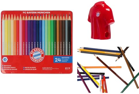FC Bayern München Buntstifte Set mit 24 Buntstiften und Triktotspitzer 25-teiliges Schulset Malset FCB