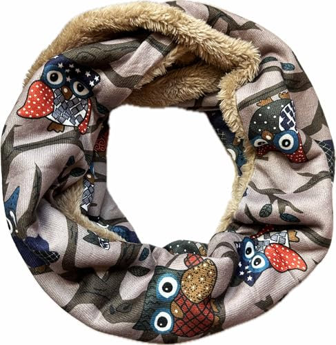 Jeamis Eule Fleece Flauschig Warmer Winter Loop Schal Owl UHU Kautz Schlauchschal (Taupe)