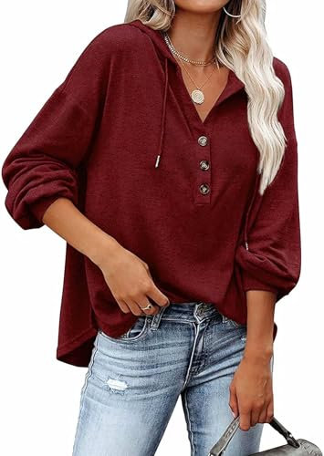 VIGVAN Kapuzenpullover Damen Hoodie Langarm V-Ausschnitt Pullover Knopfleiste Henley Sweatshirt mit Kapuze Kordelzug Oberteil (Wein Rot,XXL-4)