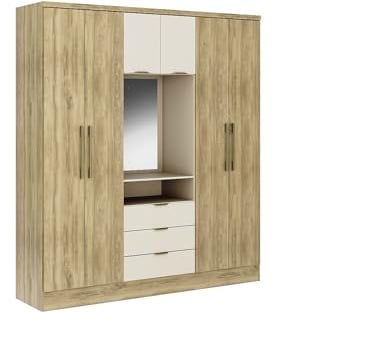 Vente-unique - Armoire 6 Portes et 3 tiroirs - avec Miroir - L180 cm - Coloris : Naturel et Beige - ELORIO