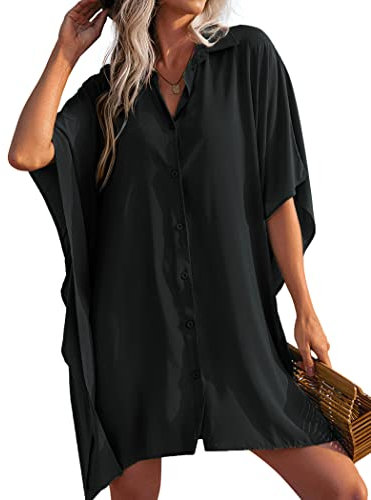 AI'MAGE Robe de Plage en Duvet à Boutons Femme Chemise de Plage Blouse Ete Chemise Tunique Chic Elegant Col V Beach Bikini Cover Up Noir M
