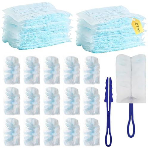 30 Pcs Dust Magnet Refills, Duster Refills with 2 Blue Handle, Hand Fluffy Dust Magnet Refills, Adsorption Feather Duster Refills for Blinds PC Keyboard Office Desk Dresser Car Dashboard Home Cleaning