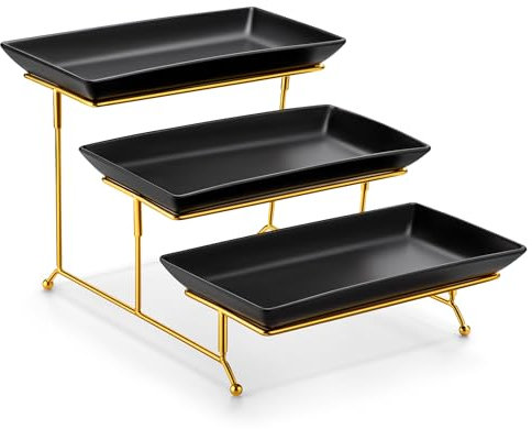 MALACASA 3 Tier Serving Trays for Party, 12 Inch Porcelain Black Trays for Serving Food, Dessert Stand with Collapsible Gold Metal Rack