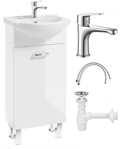 .Deftrans Armoire de salle de bain avec lavabo et robinet de lavabo - 40 x 84 x 20 cm - Blanc - Petit meuble de lavabo - Avec robinet de lavabo - Pour invités