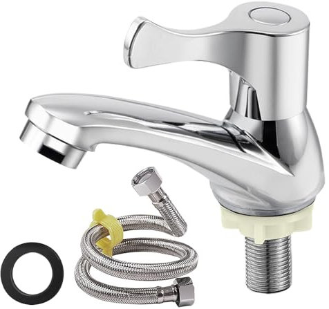 HIULLEN Kaltwasserhahn für Gäste WC - Einhebel Wasserhahn für Bad, Küche, Bar Mit 60cm Anschlussschlauch - Waschbeckenarmatur