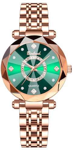 JewelryWe Damenuhr Edelstahl Diamant Uhr: 30m Wasserdicht Analog Quarz Armbanduhr Damen Rosegold Edelstahlarmband Luxus Herz des Ozeans Uhr mit Grün Diamantskala Zifferblatt & Facettiert Glas