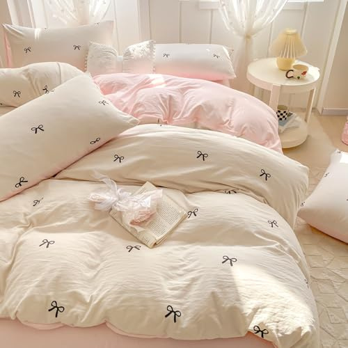 Covebett Housse de Couette 220x240 Blanc et Rose Nœud Papillon Réversible | Parure de Lit Adulte 2 Personnes, Sets de Housses de Couettes en Microfibre, Fermeture Éclair, 2 Taies d'oreiller 65x65