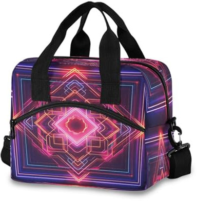 Reusable Lunch Box for Men/Women Neon Lines Insulated Tote Bag Leakproof Lunchbox with Pocket for Work Office Picnic Beach Freezable Lunch Cooler Bag with Adjustable Shoulder Strap