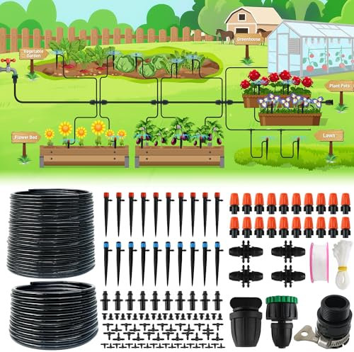 Quibbay 227FT Drip Irrigation System Kit,Misting Sprinkler System with 1/2 1/4 Tubing Hose Adjustable Emitters Barbed Fittings,Automatic Garden Watering System for Plant Lawns Raised Beds Greenhouse