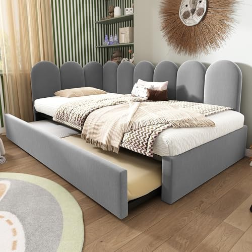 TOBIDOEN Schlafsofa Tagesbett 90x200 cm, Kinderbett Polsterbett mit Ausziehbett 90x190 cm und Lattenrost, Bett Ausziehbar zum Doppelbett, ohne Matratze, Samtstoff, Grau