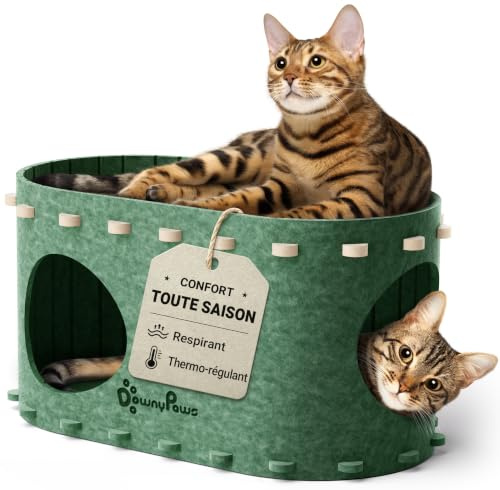 DownyPaws Katzenhöhle Filz, Katzenhaus aus Filz, 58 x 33 x 30cm, Grün | Katzenhöhle für Katzen, Peek-a-Boo zum Spielen, Winterfest, Schutz der Katzennägel