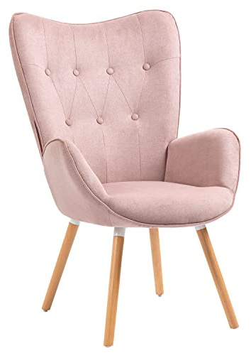 FURNISH 1 Fauteuil en Tissu Rose avec Assise Épaisse pour Balcon Salon Chaise de Loisirs Confortable de Style Scandinave avec Pieds en Bois Accoudoir Rembourré pour Coiffeuse