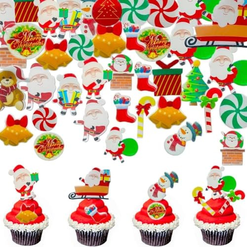 ZWLIYCHN 300 Stück Essbar Weihnachtskuchen Deko, Weihnachtskuchen Cupcake Topper Dekoration, Essbares Kuchendeko mit Weihnachtsmann Weihnachtsbaum Schneemann, Vielzahl reichhaltiger Muster zum Thema