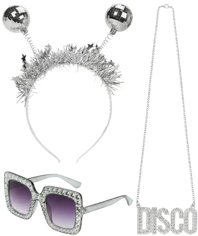 XDGBGFN Discokugel Kostüm Zubehör Discokugel Haarreif Karneval Kostüme Disco Brille Silber für 70er 80er Jahre Disco Mottoparty, Karneval, Cosplay, Maskerade