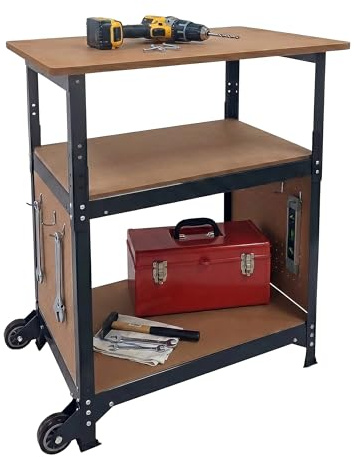 Relaxdays Werkbank, mit Rollen, HBT: 69,5x72,5x50 cm, höhenverstellbar, Werktisch mit Lochwand, Stahl & MDF, schwarz