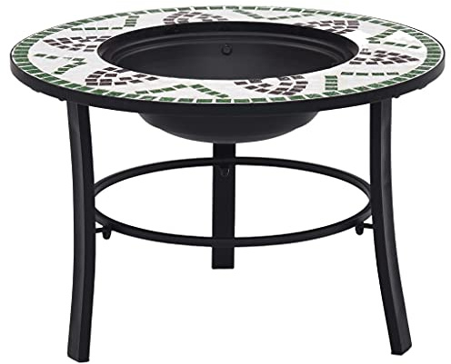 GeenYuu Feuerstelle Mosaik Keramik Grün 68 cm Stahl mit Dreibein Gestell und Ablagefläche für Garten Terrasse Balkon stimmungsvolle Wärme und dekorative Flamme