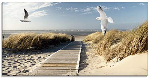 ARTland Wanddeko Glasbilder Wandbild Glas Bild einteilig 60x30 cm Querformat Strand Meer Nordsee Küste Möwen Himmel Steg Natur Landschaft Dünen T9NJ