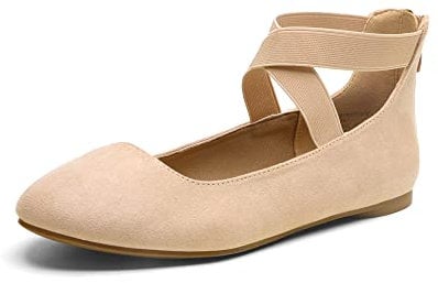 DREAM PAIRS Womens Ballerina Flat Fashion Elastic Ankle Straps Cross Strap Round Toe Comfy Ballet Pumps Dolly Shoes,Size 6.5,Nude,Sole_Stretchy