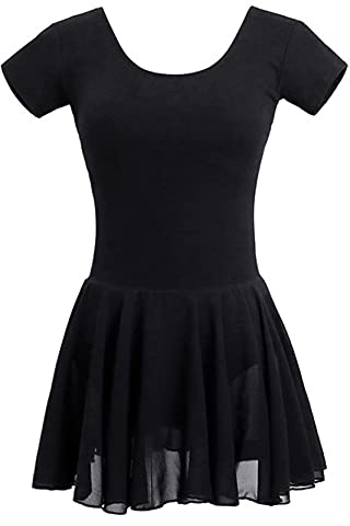 WYGH Damen Schwarz Ballett Trikot mit Chiffon Rock Elegant Runden Hals und Kurz Ärmel Gymnastik Sport Leotard Bodysuit Dame Mädchen Tanzkleidung Kostüm zum Liebhaber,Black-L