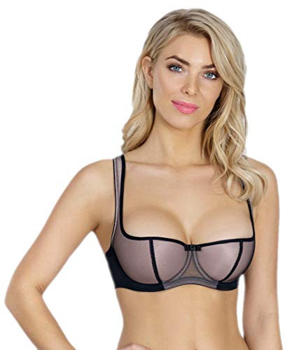 Rosme Women's Balconette Bra with Push Up Effect – Plus Size Sexy Lace Demi Half Cup Bra – Lightly Padded Underwired Low Cut Mesh Design Grand, Black/Beige, Size 38B