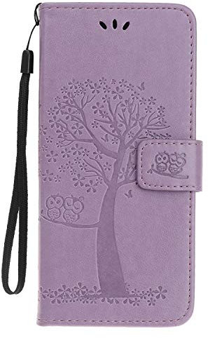 Skyhewen iPhone 11 Case, Flip Shockproof PU Leather Embossed Owl Wallet Magnetic Cover for iPhone 11 with Card Holder Viewing Stand, Light Purple