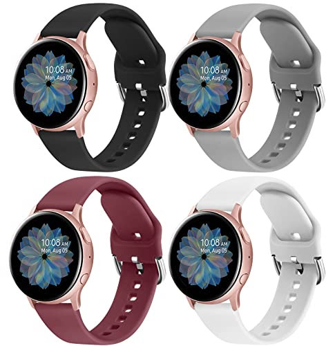 WOOZ 4 Pack 20mm Silicone Sports Watch Bands for Samsung Galaxy Watch Active 2 40/44mm, Galaxy Watch 3 41mm, Galaxy Watch 42mm & More (Black, Wine Red, Grey, White) - Small & Large Sizes