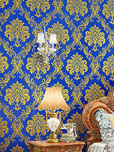 Prior.choice 9.5X0.53M Luxury Damask 7 Colors Luxury Embossed Flock Textured Non-Woven Wallpaper Roll for Bedroom Livingroom 1.73' W x 31.2' L=5.035㎡ (54sq.ft) (Blue)