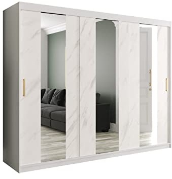 Kleiderschrank Kamoga Pole, Schwebetürenschrank mit 2 Kleiderstangen Spiegel Marmor Muster Schiebetürenschrank für Schlafzimmer Garderobe (Modell 250, mit Schubladen, Weiß/Marmor Weiß + Gold)