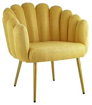 Baroni Home Gepolsterter Sessel mit Muschel-Rückenlehne aus Stoff mit goldenen Eisenbeinen, Sessel für Wohn- oder Schlafzimmer, 67x64 x77 cm, Gelbbeine, Goldfarben