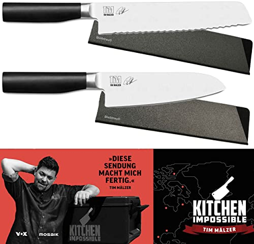BLEIBTREU KAI Kamagata Monster-Set Santoku + Brotmesser + Klingenschutz + Kochbuch handsigniert