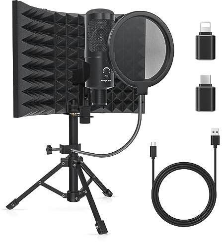 Microfono da Studio Con Schermo Isolante, Filtro Antipop e Supporto a Treppiede In Metallo, Microfono da Studio per PC, Laptop e Smartphone, Microfono per Registrazioni Musicali, Canto e Podcast
