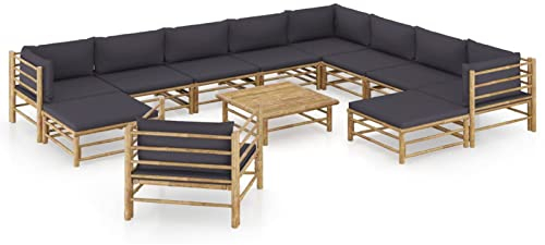 Keketa Gartenlounge Gartensofa 12-TLG. Gartenmöbel Set mit Kissen Dunkelgrau Balkonmöbel Balkonlounge Garten Lounge Sofa Sitzgruppe Sofagarnitur Terrassenmöbel Ecksofa Bambus