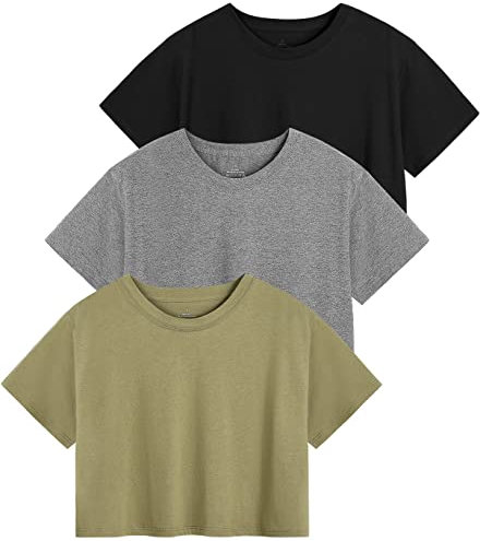 Star Vibe 3er Pack Sportoberteil Damen Croptops Gym Yoga Shirt Locker Sport T-Shirt Fitness Black/Gray/Army Green M