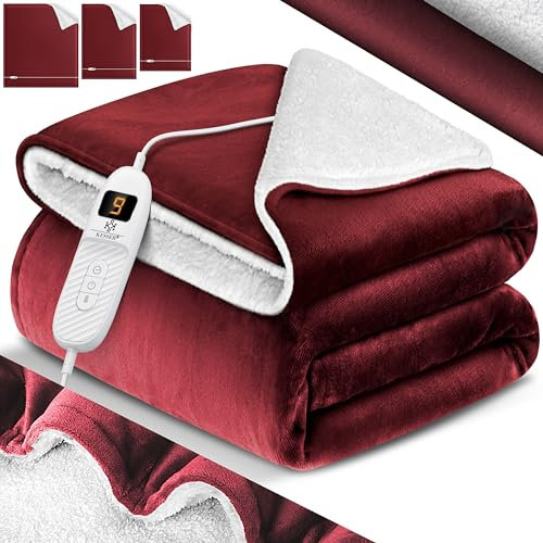 KESSER® Heizdecke mit Abschaltautomatik 200x180cm Doppelseitig Elektrische Wärmedecke | Kuscheldecke Bett, Sofa | 9 Temperaturstufen | waschbar bis 40°C | mit Timer Digitalanzeige Bordeaux Rot