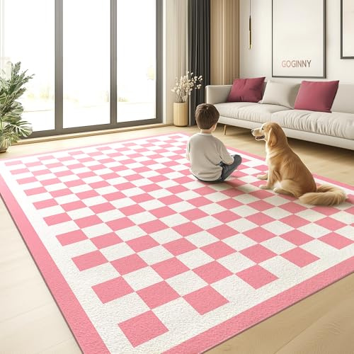 GOGINNY Waschbarer karierter Teppich für Wohnzimmer,rosa Schachbrett,Boho-Teppich,Kunstwolle,niedriger Flor,leicht,weich,den Innenbereich,fusselfrei,mit rutschfester Unterseite,Schlafzimmer,