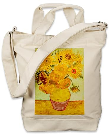Kiwistar - Einkaufstasche Canvas Tote Bag - Natur - Van Gogh Sonnenblumen - Tragetasche bedruckt - Extra Fach für Smartphone & Geldbeutel - lange & kurze Henkel - Shopper