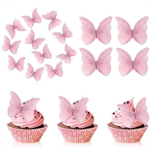 Tortendeko Schmetterlinge für Torte,48 Stück Rosa Tortendeko Schmetterling,Rosa Schmetterlinge aus Essbarem Papier, Schöne torten deko für Cupcakes, Hochzeit und Geburtstag