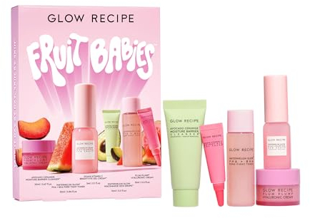 Glow Recipe Fruit Babies Skincare Kit Geschenkset mit Ceramid Gesichtsreiniger, BHA Toner, Vitamin C Augencreme, Hyaluronsäurecreme und Niacinamid-Tauchtropfen (5 Stück)