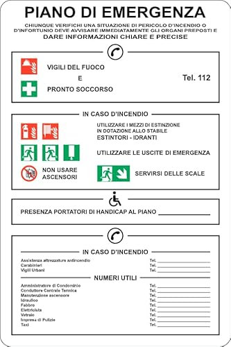GLOBAL CARTELLO SEGNALETICO - PIANO DI EMERGENZA CON NUMERO UNICO - Adesivo Extra Resistente, Pannello in Forex, Pannello In Alluminio (30x42 cm, Adesivo)