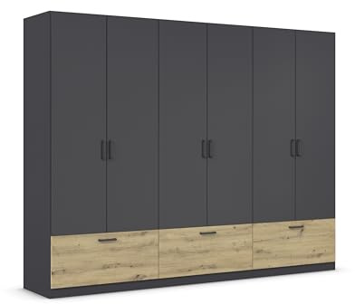 Rauch Möbel BARI, Schrank, Farbe Grau metallic/Eiche Artisan, Breite 271 cm | Kleiderschrank, 6-türig, 3 Schubladen, für Schlafzimmer, Kinderzimmer, Babyzimmer, Homeoffice, Garderobe, Flur
