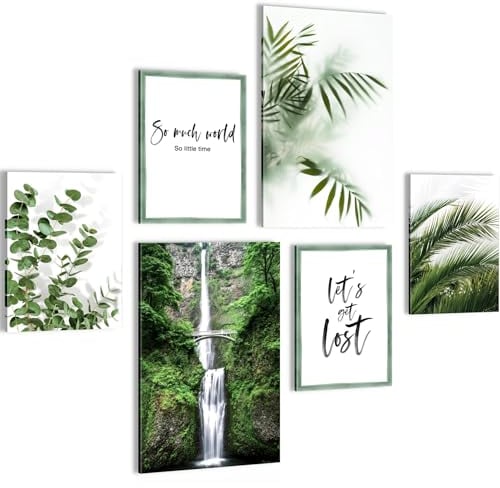 Novart Wandbilder Set Grüne Blätter Pflanze Natur - KEIN EXTRA RAHMEN BENÖTIGT - Modern Deko - Wohnzimmer Schlafzimmer N004167a