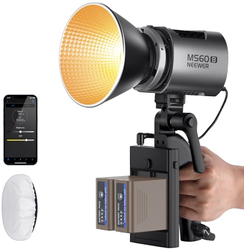 NEEWER MS60B Videolicht LED Studiolicht 2,4G/APP Steuerung 2 x 7800mAh NP-F970 Akku, Diffusor, 65W Mini COB Dauerlicht, 2700K-6500K 40000Lux/1m, CRI97+/TLCI98+, 12 Szenen, PWM Dimmung, Bowens Mount