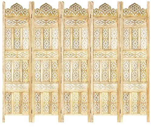Homgoday Handgeschnitzter 5-Panel Raumteiler 200x165cm Massivholz Mangoholz Faltpaneel Paravent bewegliche Trennwand Stoff Sichtschutz Wand Möbel Schlafzimmer Büro Badezimmer Paravent